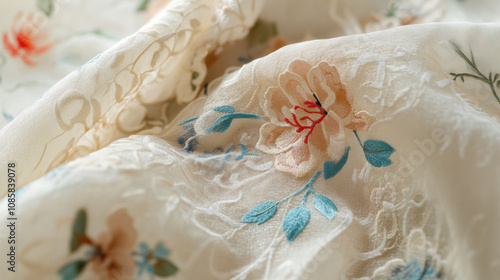 Delicate floral qipao fabric creamy white vintage embroidered pastel flowers textile texture detail clothing fashion seamless background elegant soft feminine romantic ornate pattern design floral
