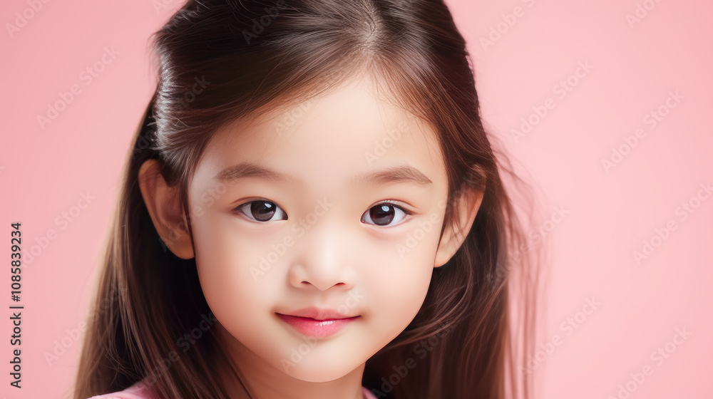 Portrait of smiling asian girl child with long white hair creamy pink background. Portrait of smiling asian girl child with long white hair creamy pink background.