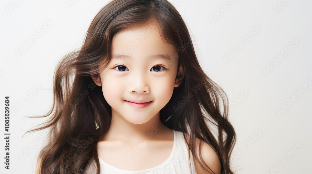 Portrait of smiling asian girl child with long white hair creamy white background. Portrait of smiling asian girl child with long white hair creamy white background.