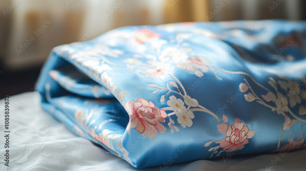 Serene blue silk qipao with delicate floral pattern, neatly folded Serene blue silk qipao with delicate floral pattern, neatly folded