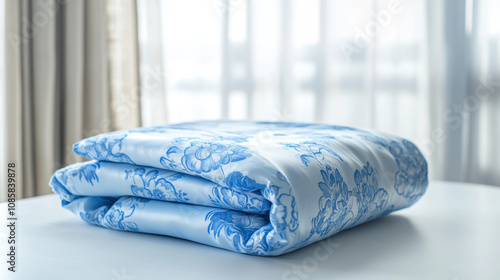 Serene blue silk fabric with floral pattern, neatly folded. feeling of calm and tranquility
