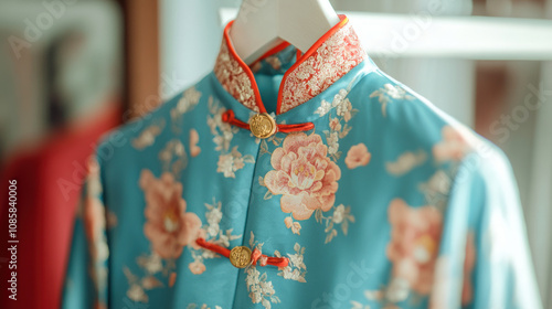 Elegant teal qipao with floral print delicate gold buttons vintage style hanging serene tranquil woman clothing traditional Chinese dress fabric clothing fashion apparel garment textile rose flower
