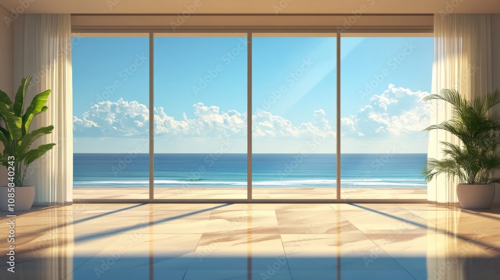 Ocean View from a Modern Room with White Curtains and Plants