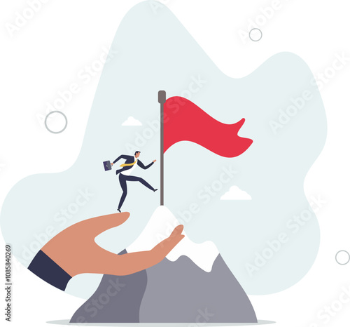 Helping hand, coaching or mentor support employee to achieve business target, inspiration or advantage to reach goal concept.flat characters.