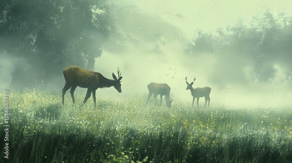 A family of deer grazing in a misty meadow A family of deer grazing in a misty meadow