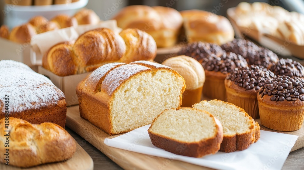 A variety of freshly baked bread and pastries, including loaves, rolls, and sweet treats, beautifully arranged on wooden surfaces. A variety of freshly baked bread and pastries, including loaves, rolls, and sweet treats, beautifully arranged on wooden surfaces.