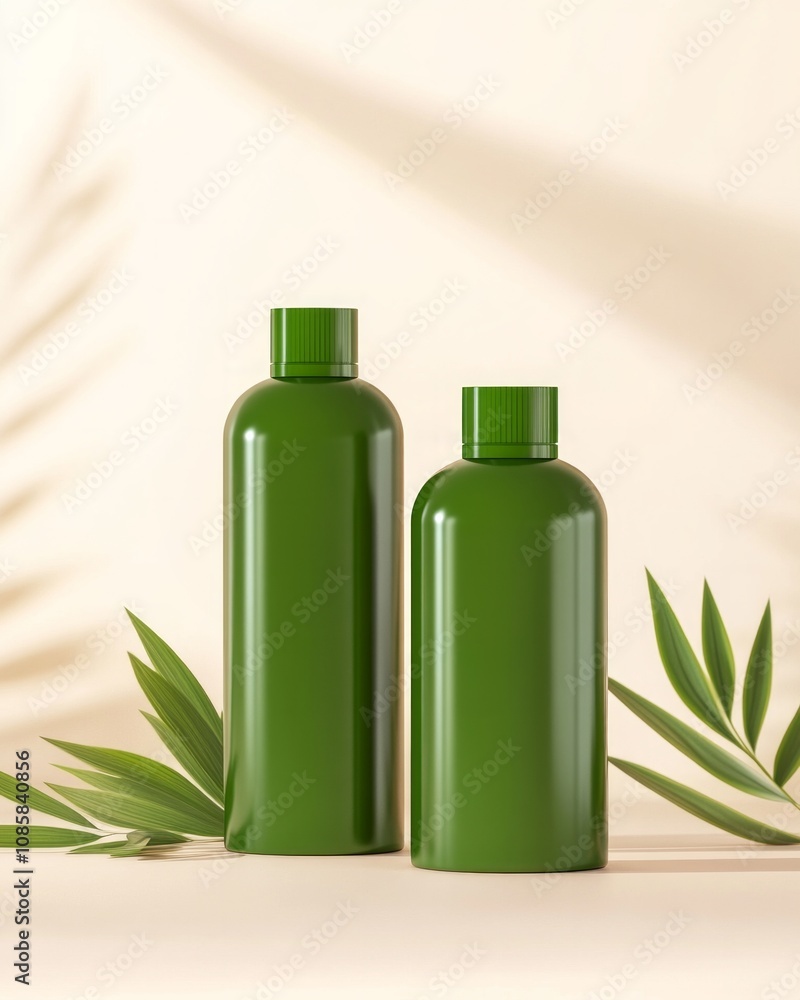 Modern eco-friendly product design featuring green bottles with vibrant highlights on neutral background Modern eco-friendly product design featuring green bottles with vibrant highlights on neutral background
