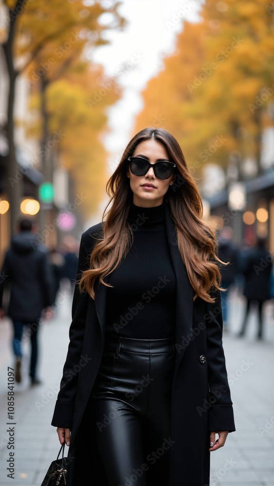 Stylish Woman Shopping in Autumn City Street: Fashion, Urban Lifestyle, and Seasonal Marketing Stylish Woman Shopping in Autumn City Street: Fashion, Urban Lifestyle, and Seasonal Marketing