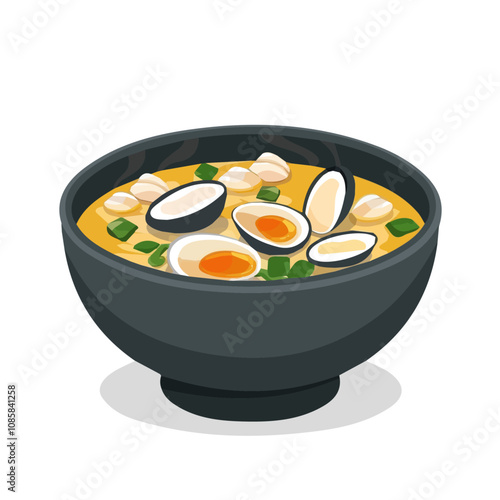 Simple flat 2D illustration of clam miso soup isolated on a white background, Ai design