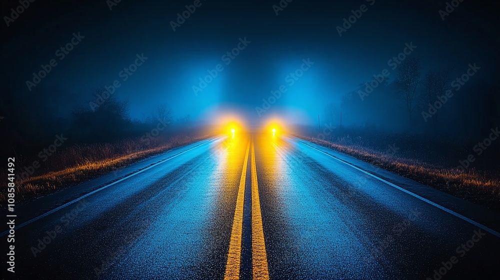 Obraz premium dramatic scene of headlights illuminating a dark, foggy road at night