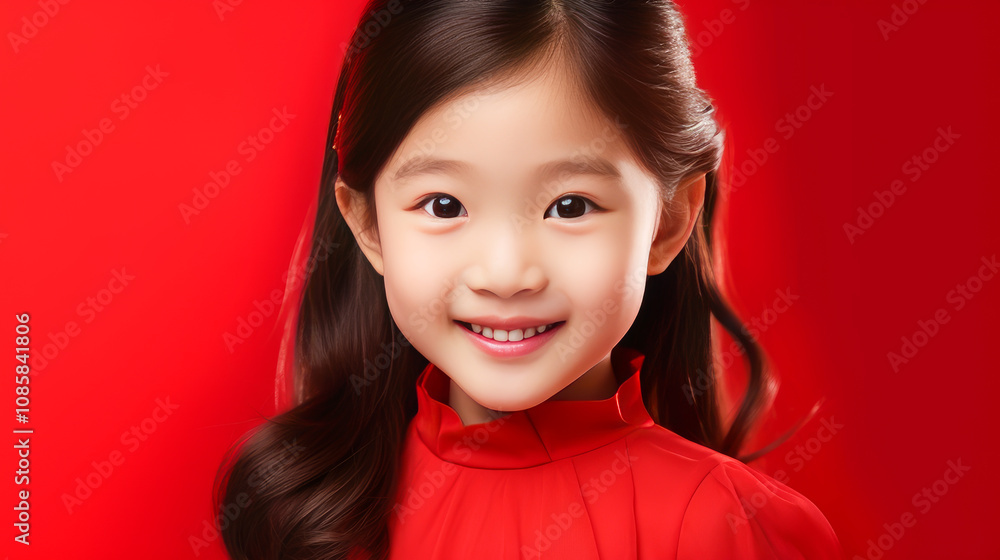Portrait of smiling asian girl child with long white hair red background. Portrait of smiling asian girl child with long white hair red background.