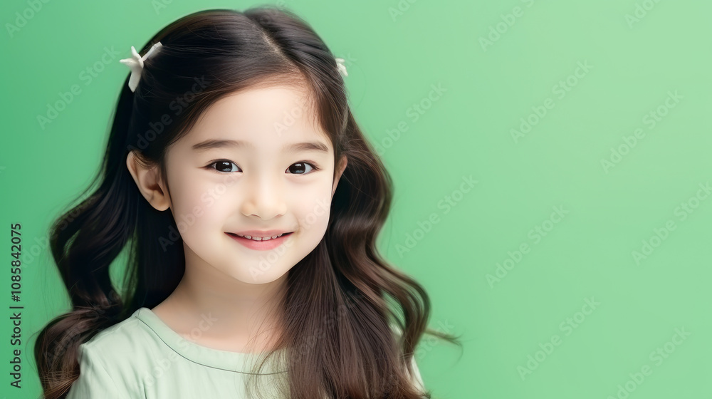 Portrait of smiling asian girl child with long white hair creamy green background. Portrait of smiling asian girl child with long white hair creamy green background.