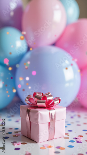 Festive Gift Box with Pink Bow Surrounded by Colorful Balloons and Confetti: Perfect for Birthday Invitations