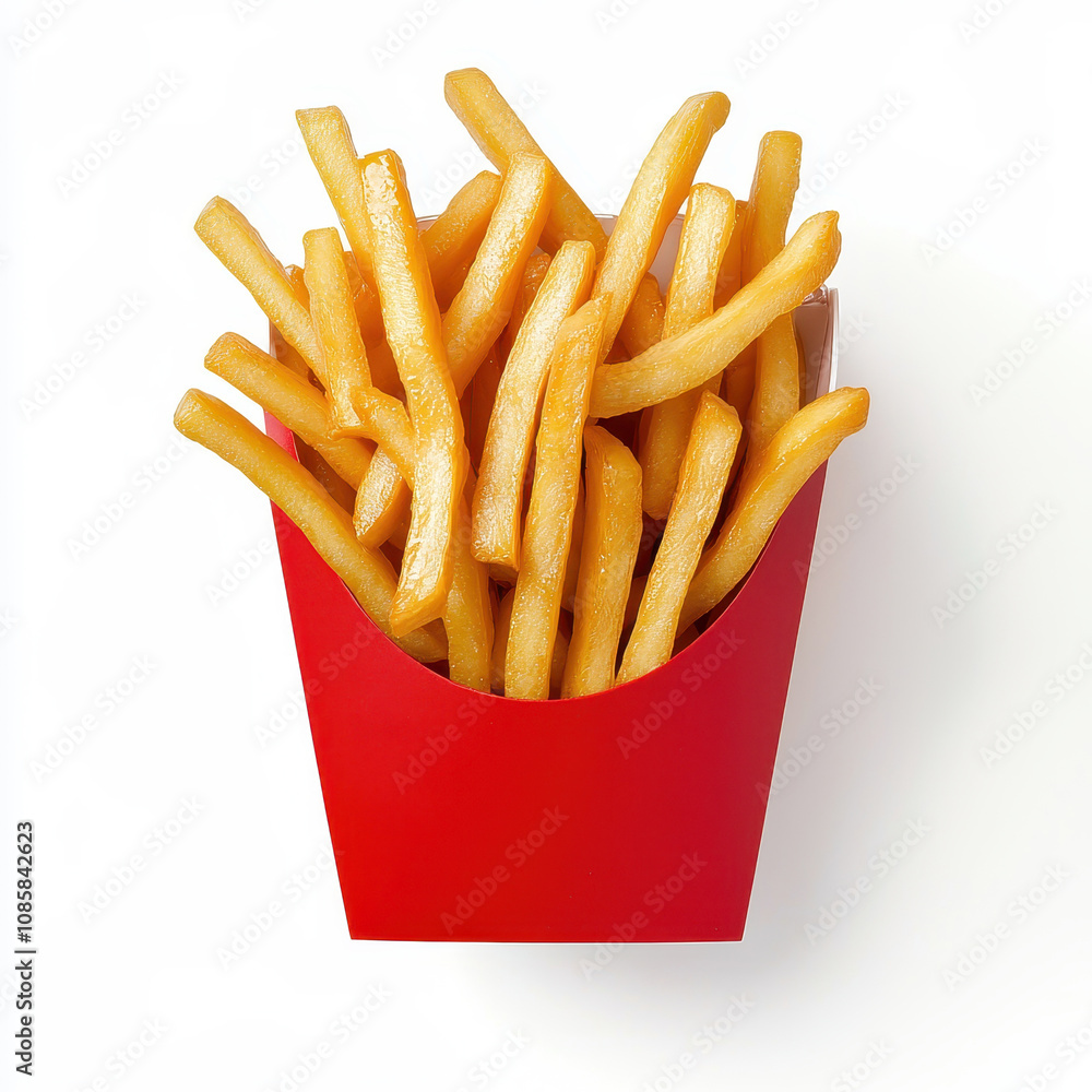 A delicious serving of golden French fries in a vibrant red container, perfect for any fast-food craving. isolated on white background. A delicious serving of golden French fries in a vibrant red container, perfect for any fast-food craving. isolated on white background.