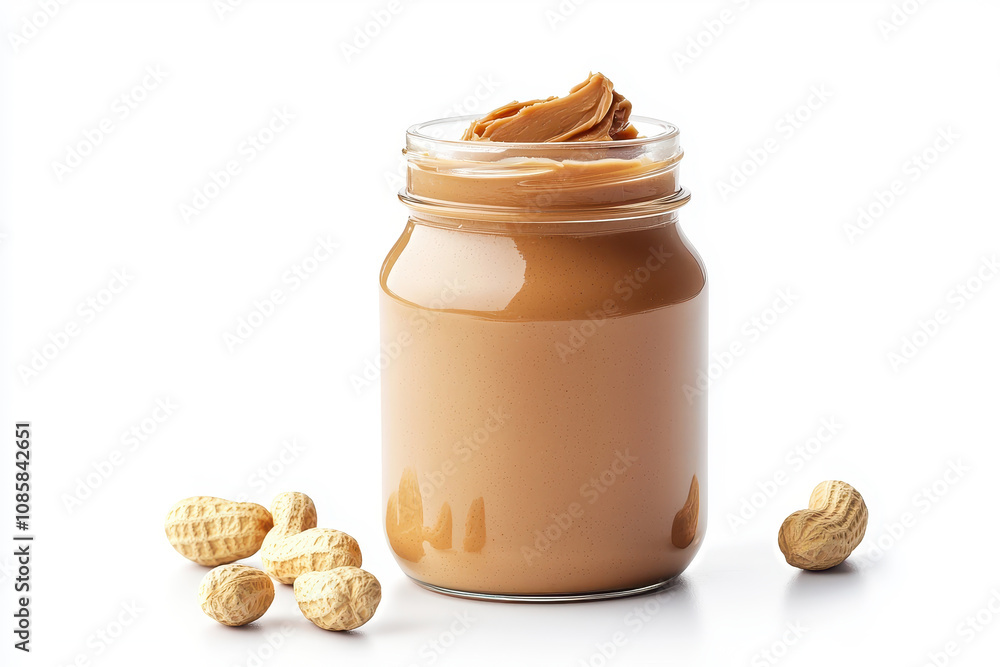 A jar of creamy peanut butter with scattered peanuts, perfect for culinary uses and healthy snacking. isolated on white background. A jar of creamy peanut butter with scattered peanuts, perfect for culinary uses and healthy snacking. isolated on white background.