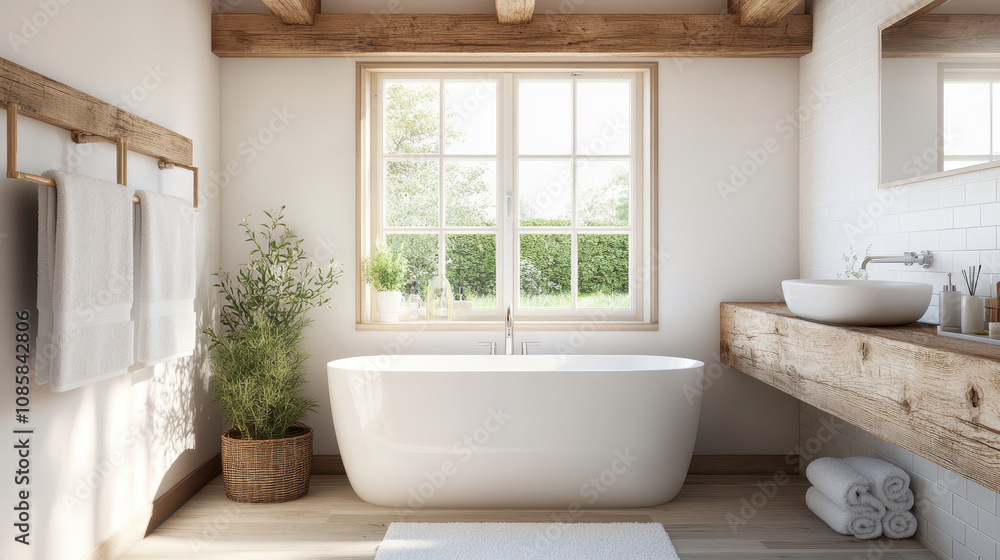Stylish bathroom with a modern freestanding bathtub and natural light flowing through the window, creating a serene atmosphere. Stylish bathroom with a modern freestanding bathtub and natural light flowing through the window, creating a serene atmosphere.
