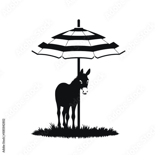 Under the umbrella, a donkey stands on grass calmly in the shade. vector silhouette