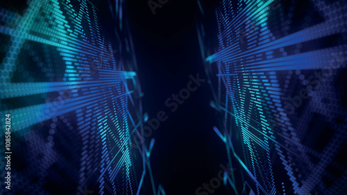 Abstract technology background. 3d composition of intersecting multicolored lines. Information technology concept. Digital cyberspace with particles. 3d vector illustration
