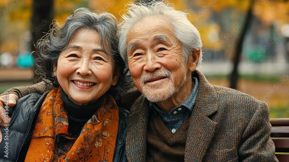A couple Two elderly Japanese people smile at the camera. Women wear scarves and men wear jackets. A couple Two elderly Japanese people smile at the camera. Women wear scarves and men wear jackets.