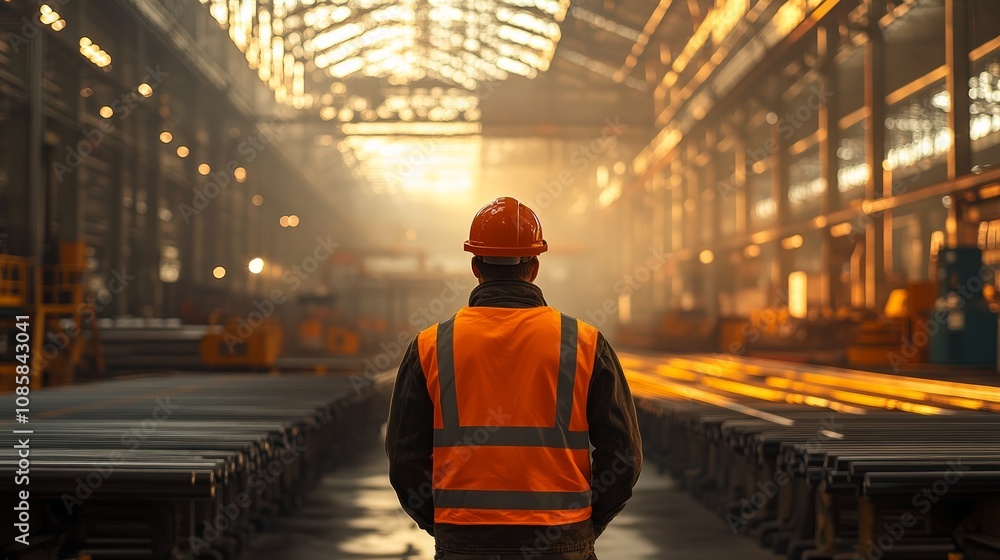 Industrial worker in hard hat and safety vest surveys a large factory floor. Industrial worker in hard hat and safety vest surveys a large factory floor.