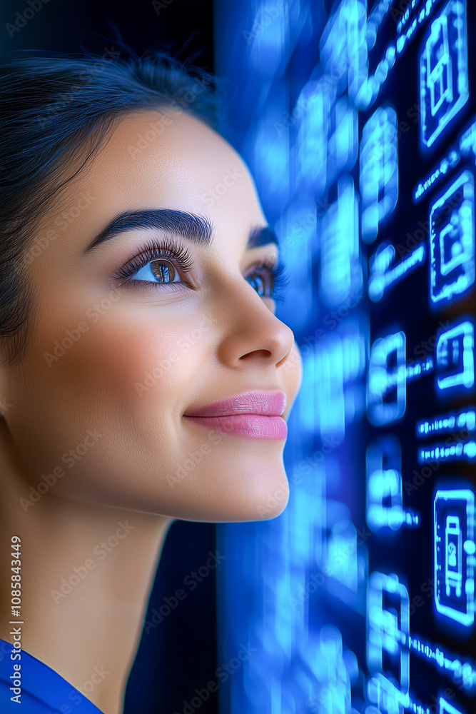 A woman is looking at a computer screen with a blue background A woman is looking at a computer screen with a blue background