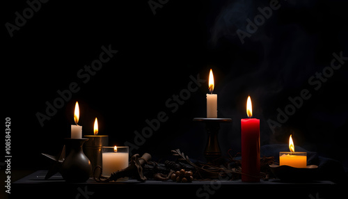 Witch's magic attributes with burning candles on dark background with white shades, png