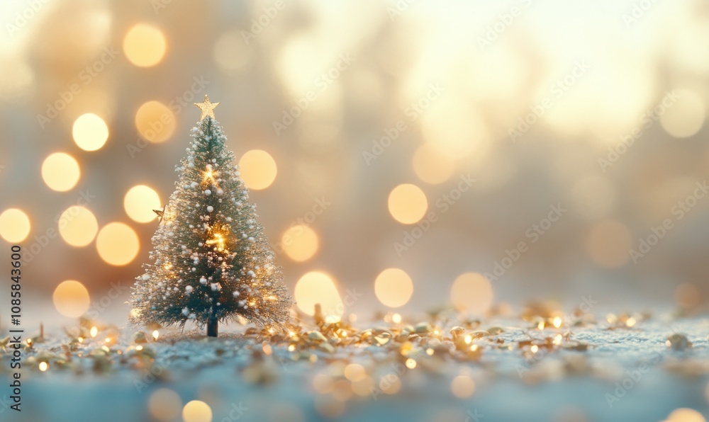 Christmas tree with decorations placed on the table. Gold lights and festive decorations. Blurred white and pale gold background, cozy atmosphere. Christmas tree with decorations placed on the table. Gold lights and festive decorations. Blurred white and pale gold background, cozy atmosphere.