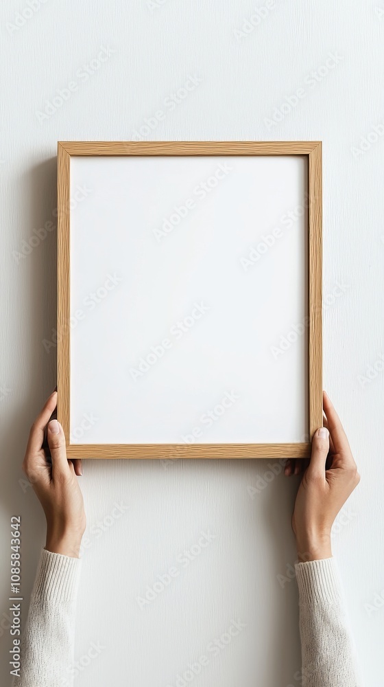 A4 wooden frame mockup on wall, held by hands, white background, hyper-realistic, natural lighting, no copyright, trademarks. A4 wooden frame mockup on wall, held by hands, white background, hyper-realistic, natural lighting, no copyright, trademarks.