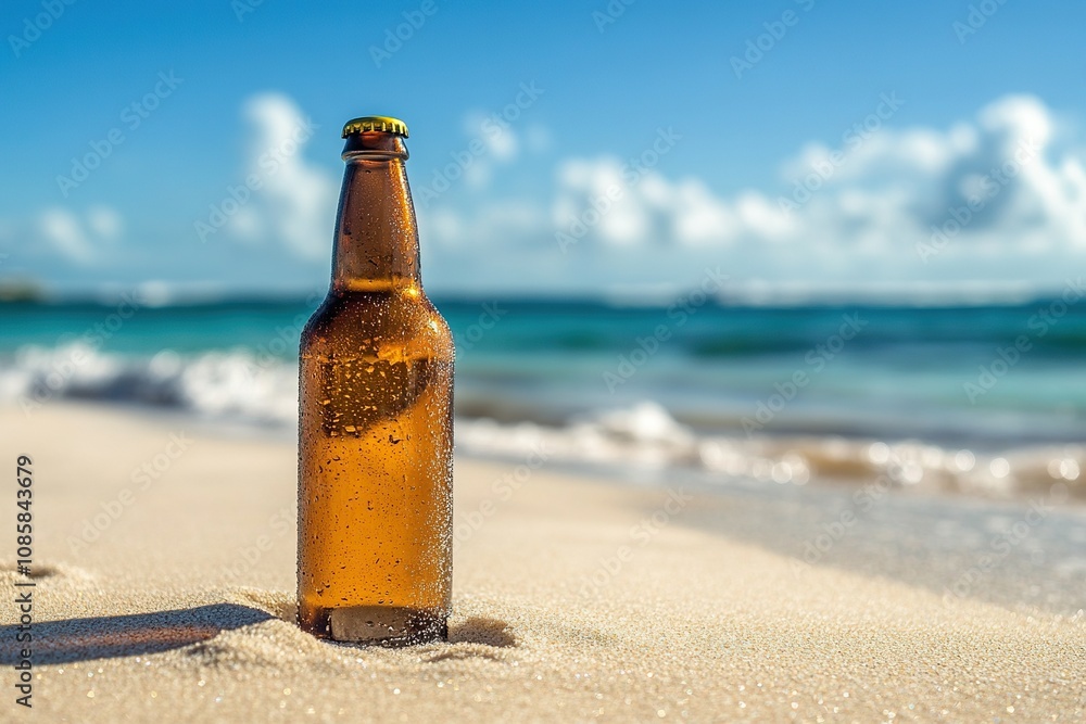 Photo of cold beer botle in the sand. Sparkling sea at the background. Photo of cold beer botle in the sand. Sparkling sea at the background.