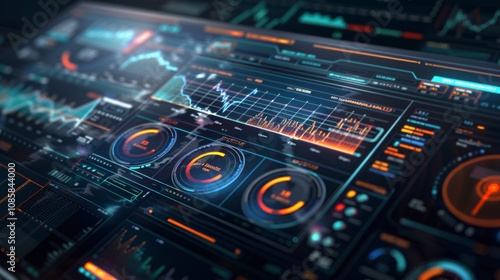 Closeup view of a sleek futuristic digital dashboard interface displaying various charts graphs and data analytics elements