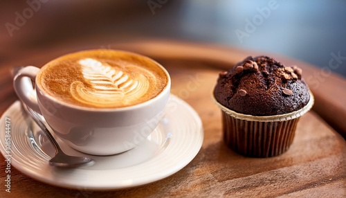 Close-up of latte art on frothy coffee, paired with a chocolate muffin ready-to-eat photo