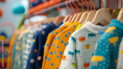 Colorful array of stylish kids  clothing items displayed on hangers in a playful retail setting photo