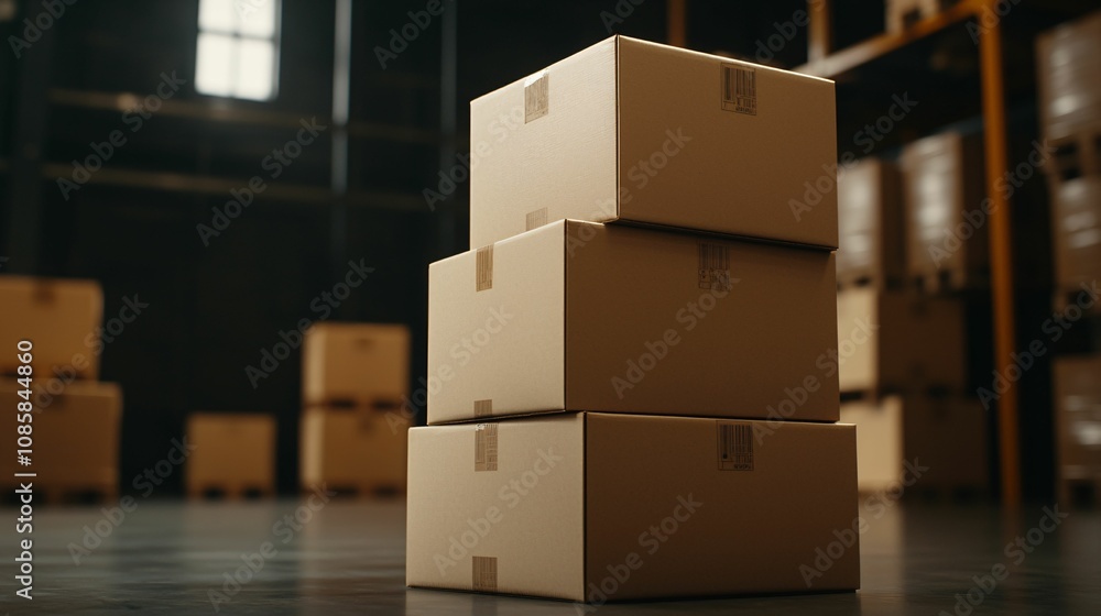 Delivery and movement cardboard box concept. A stack of cardboard boxes is positioned in a dimly lit warehouse, highlighting storage and organization. Delivery and movement cardboard box concept. A stack of cardboard boxes is positioned in a dimly lit warehouse, highlighting storage and organization.