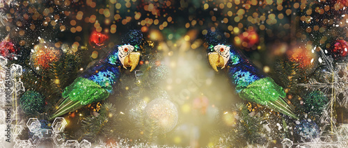 Two parrots are perched on a Christmas tree with many ornaments.