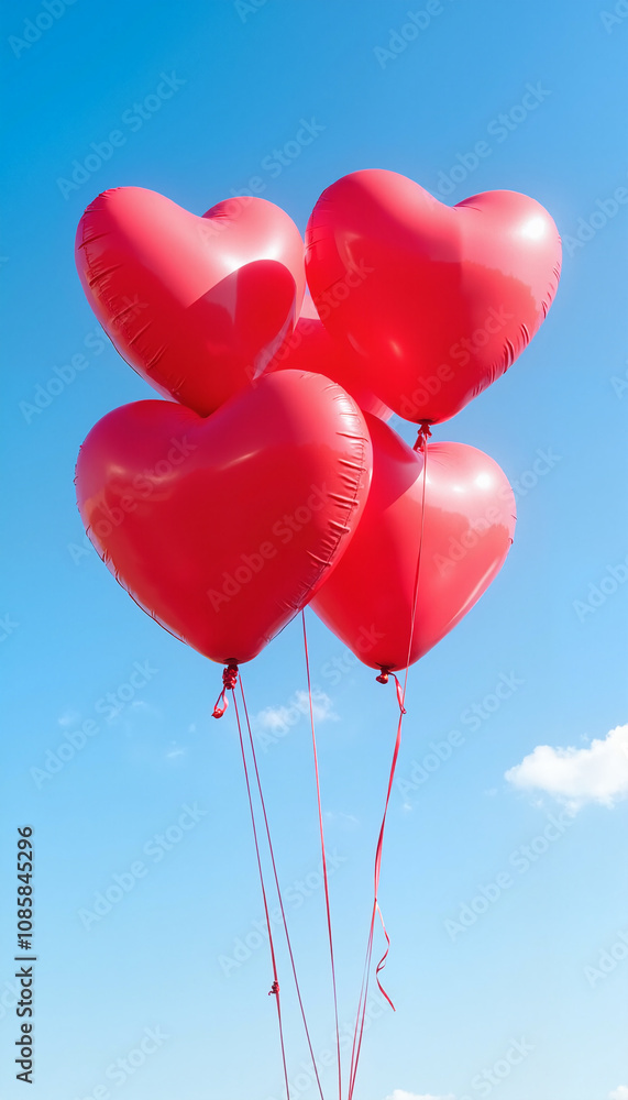 Four red heart-shaped balloons floating against a blue sky for romantic occasions Four red heart-shaped balloons floating against a blue sky for romantic occasions