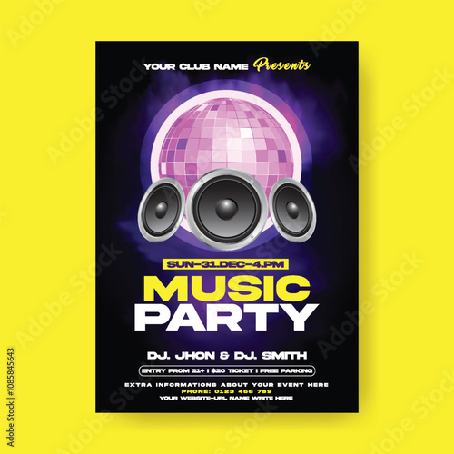 Nightclub party flyer or poster template, Dj music party event flyer, holidays festivals and events invitation party poster, electronic music, disco flyer poster, night party leaflet, brochure  cover