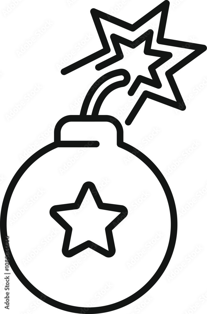 Round bomb with burning fuse and star exploding, creating a dangerous and explosive situation Round bomb with burning fuse and star exploding, creating a dangerous and explosive situation