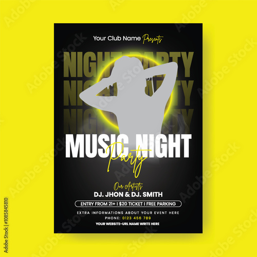 Modern Party a4 print flyer or poster template, Night music party flyer, electronic music festival and events poster, Nightclub disco dance flyer poster with speakers background, music party leaflet
