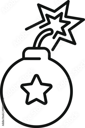 Round bomb with burning fuse and star exploding, creating a dangerous and explosive situation