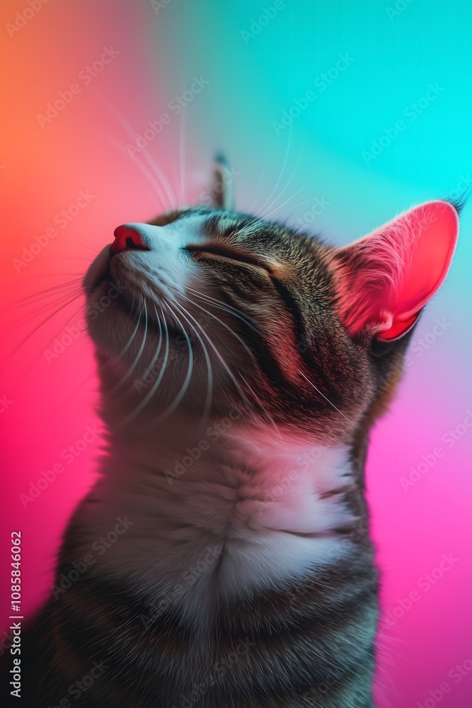 Side view of a tabby cat enjoying on a colorful pastel background. Cute, dreamy, nostalgic concept.