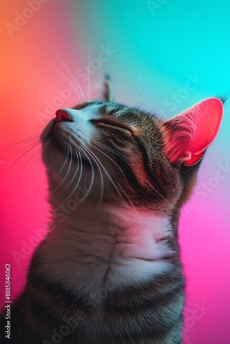 Obraz na płótnie Side view of a tabby cat enjoying on a colorful pastel background. Cute, dreamy, nostalgic concept. w salonie