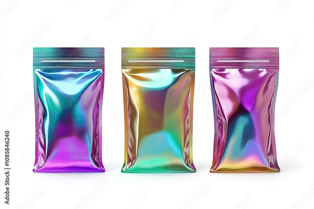 Sachet bag mockup with ziplock, euro slot and tear notch from iridescent foil. Hyper realistic vector illustration isolated on white background. Ready for use in your design. Sachet bag mockup with ziplock, euro slot and tear notch from iridescent foil. Hyper realistic vector illustration isolated on white background. Ready for use in your design.