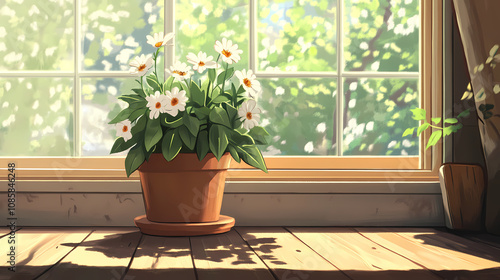 Beautiful Anime Manga Illustration of a Plant in a Pot Close-Up