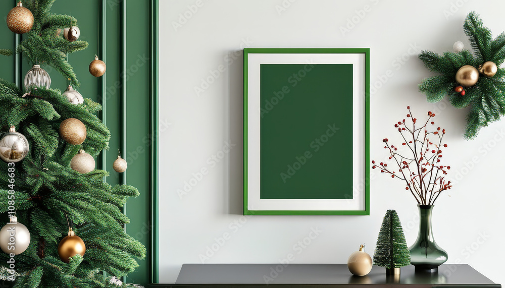 Christmas decorated Elegant green frame, empty white Mockup canvas, Blank Mock-up Frame Canvas, modern christmas celebration interior, wall art presentation mockup, Xmas Picture art frame Christmas decorated Elegant green frame, empty white Mockup canvas, Blank Mock-up Frame Canvas, modern christmas celebration interior, wall art presentation mockup, Xmas Picture art frame