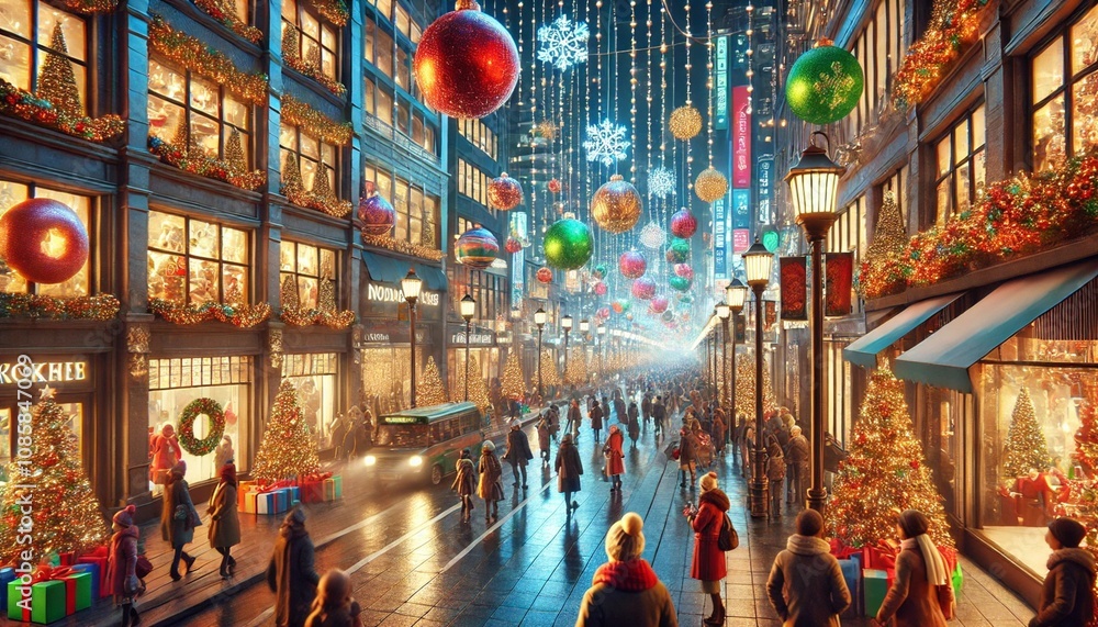Obraz premium Vibrant City Street with Colorful Christmas Lights and Holiday Shoppers