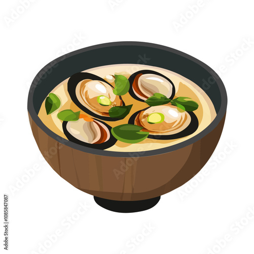 Simple flat 2D illustration of clam miso soup isolated on a white background, Ai design