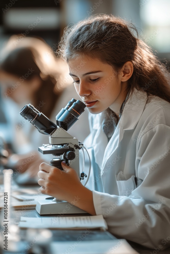 High school science class students engaged in experiments with lab coats and microscopes High school science class students engaged in experiments with lab coats and microscopes