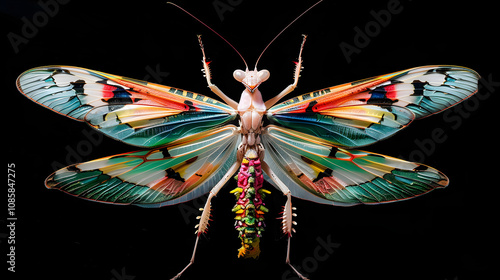 Amazing colorful Pseudocreobotra wahlbergii female. Spiny Flower Mantis show wings on black background