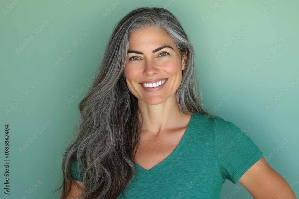 Smiling woman with long gray hair in green shirt, styled like a fashion magazine cover Smiling woman with long gray hair in green shirt, styled like a fashion magazine cover