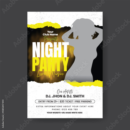 Modern Party a4 print flyer or poster template, Night music party flyer, electronic music festival and events poster, Nightclub disco dance flyer poster with speakers background, music party leaflet